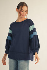 Blue Colorblock Raglan 3/4 Sleeve Top