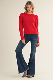Red Scalloped Edge Puff Sleeve Ribbed Top