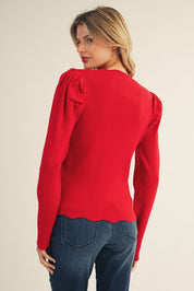 Red Scalloped Edge Puff Sleeve Ribbed Top