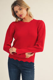 Red Scalloped Edge Puff Sleeve Ribbed Top
