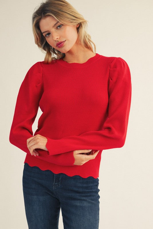 Red Scalloped Edge Puff Sleeve Ribbed Top