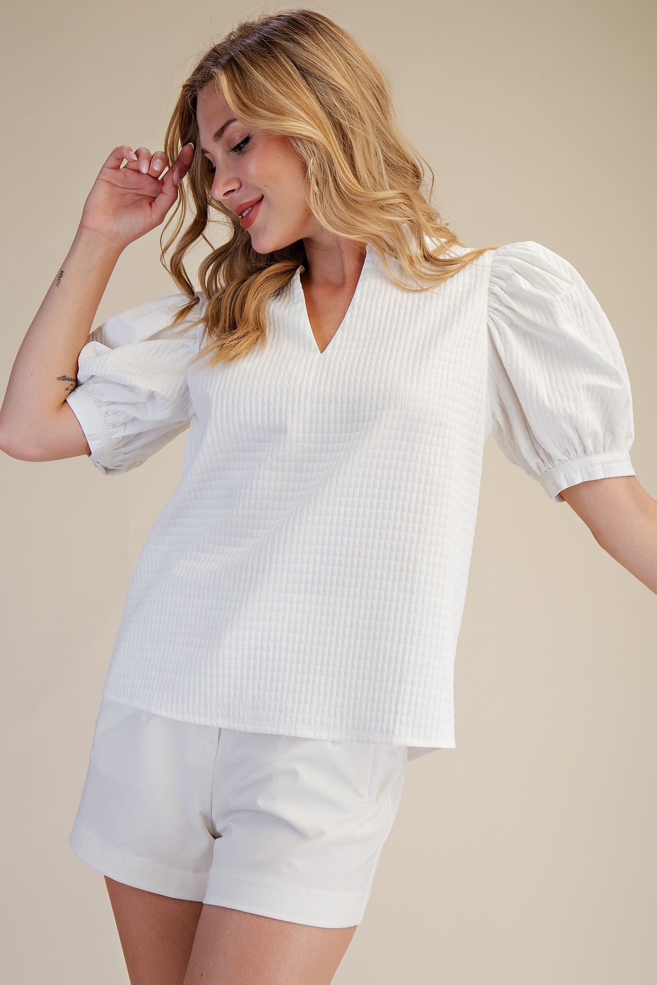 White Ruffle V-Neck Top w/ Puff Sleeves