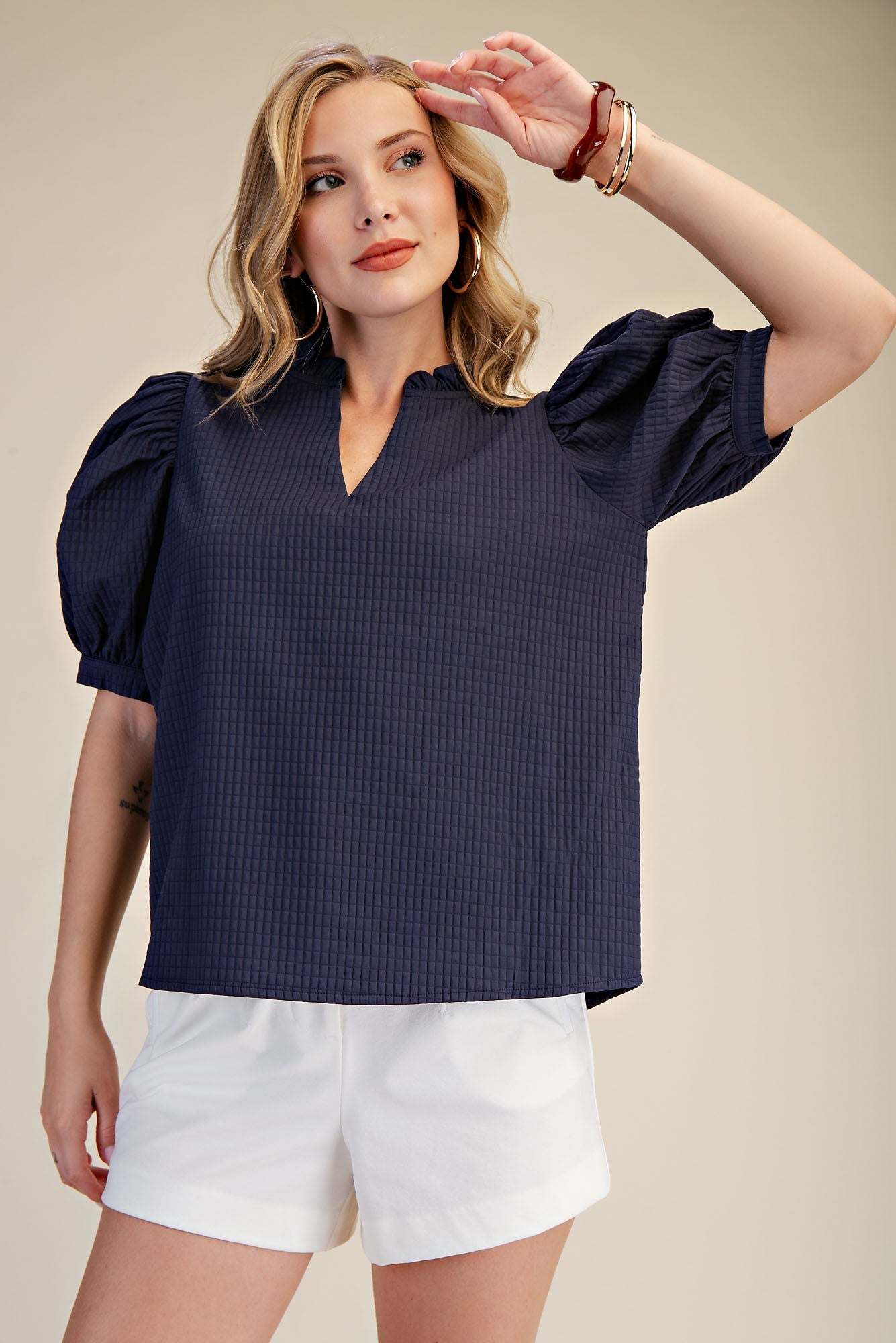 Navy Ruffle V-Neck Top w/ Puff Sleeves