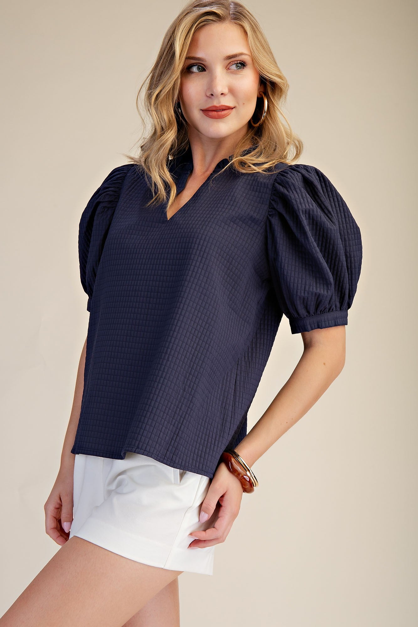 Navy Ruffle V-Neck Top w/ Puff Sleeves
