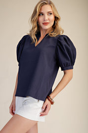 Navy Ruffle V-Neck Top w/ Puff Sleeves