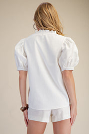 White Ruffle V-Neck Top w/ Puff Sleeves