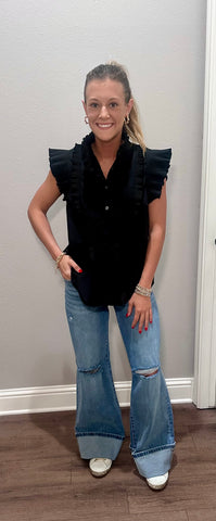Black Pleated Tank Top w/ Ruffle Details