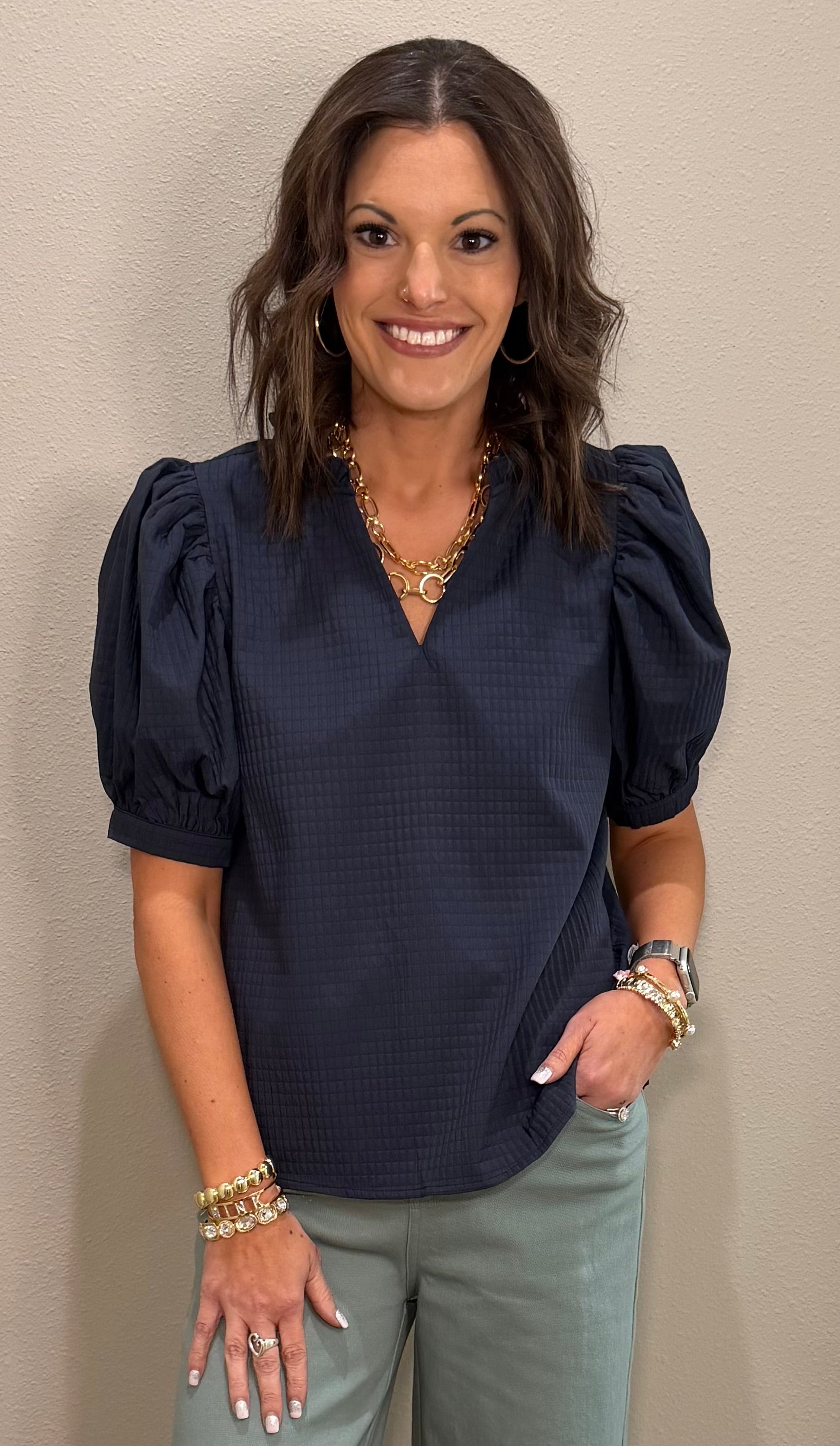 Navy Ruffle V-Neck Top w/ Puff Sleeves