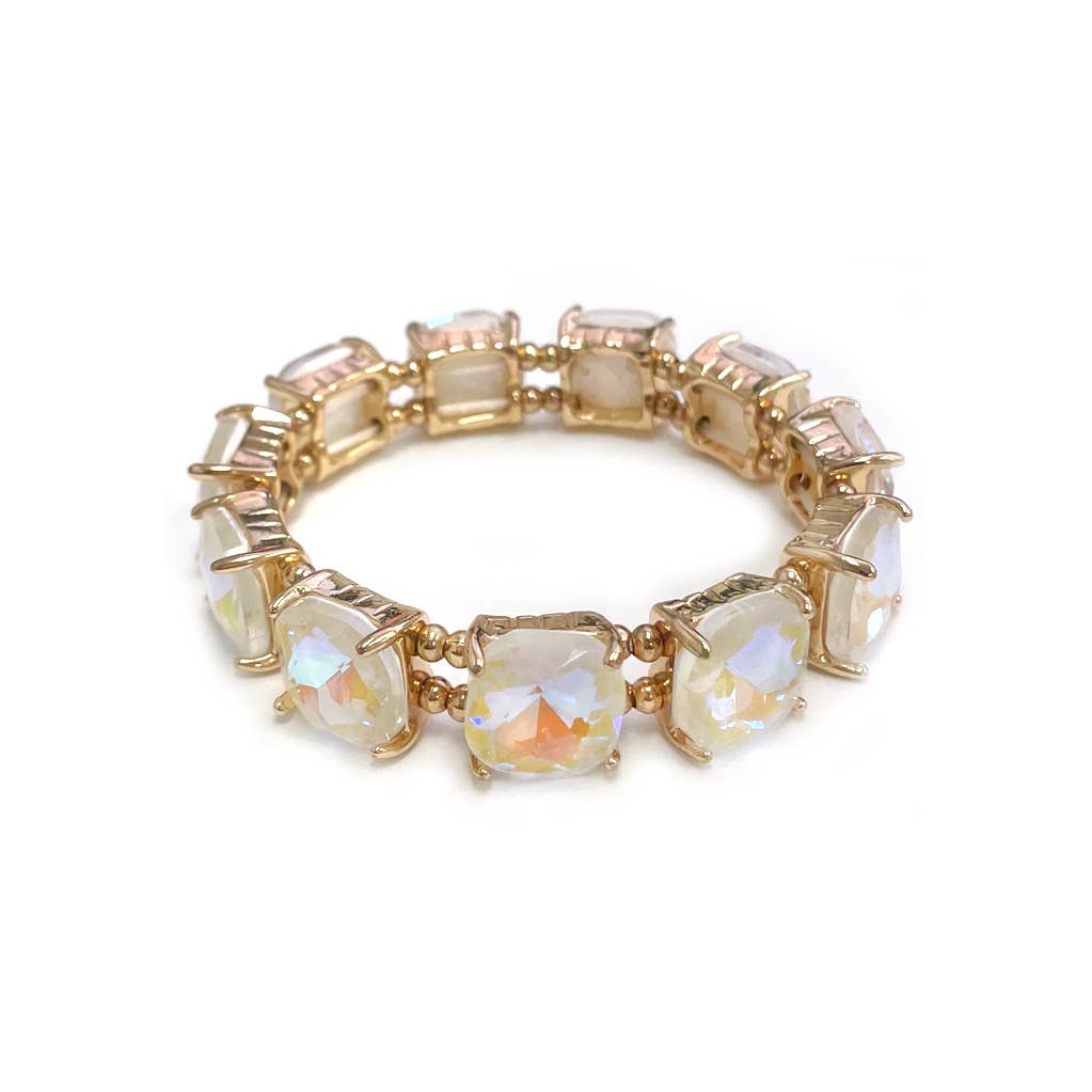 Cushion Cut Glass Crystal Linked Stretch Bracelet - 6 COLORS