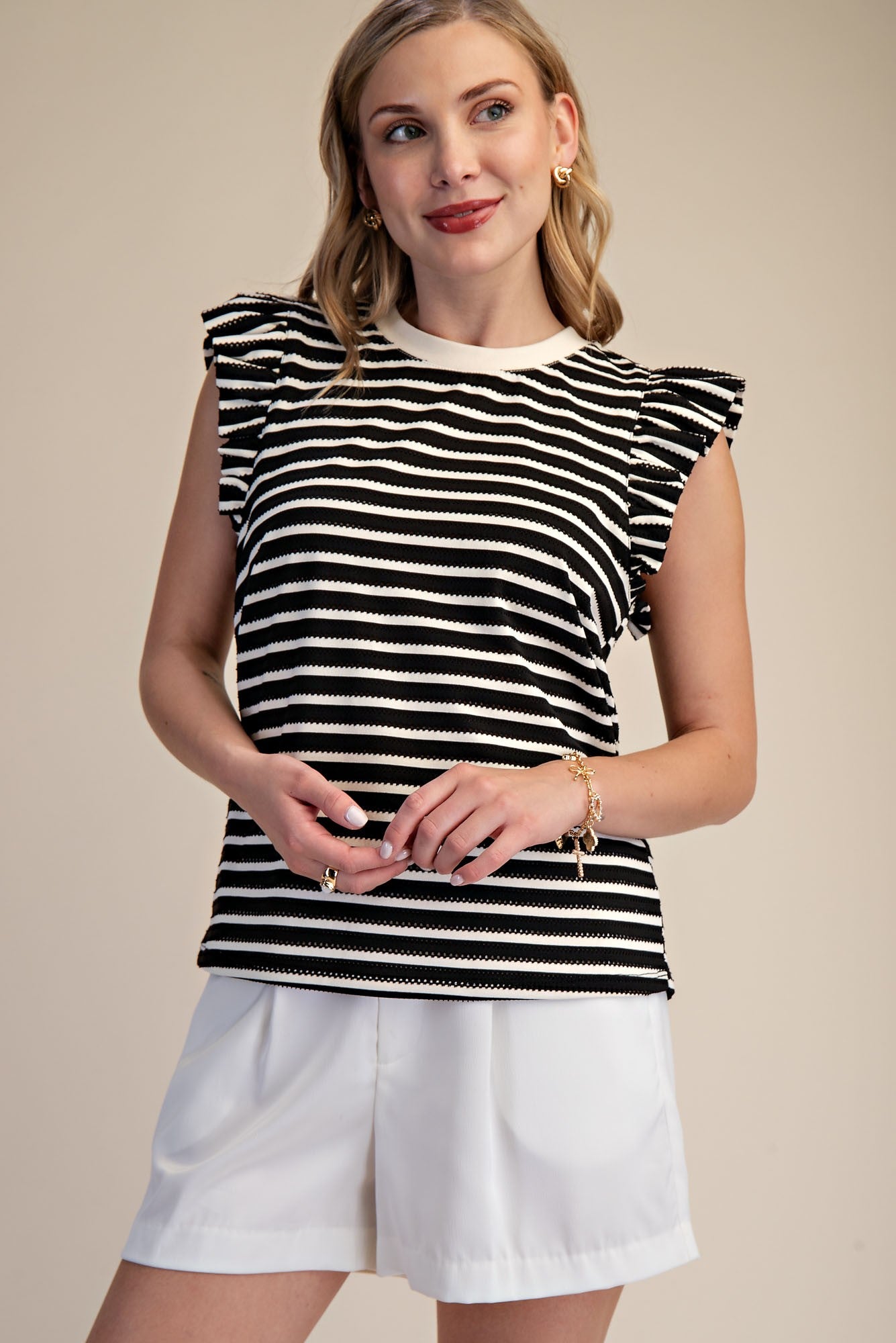 Black & White Striped Ruffle Sleeve Tank