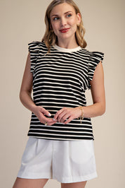 Black & White Striped Ruffle Sleeve Tank