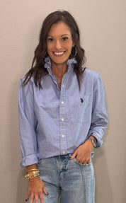 Denim Blue Oxford POLO Ruffle Collar Button Down Top