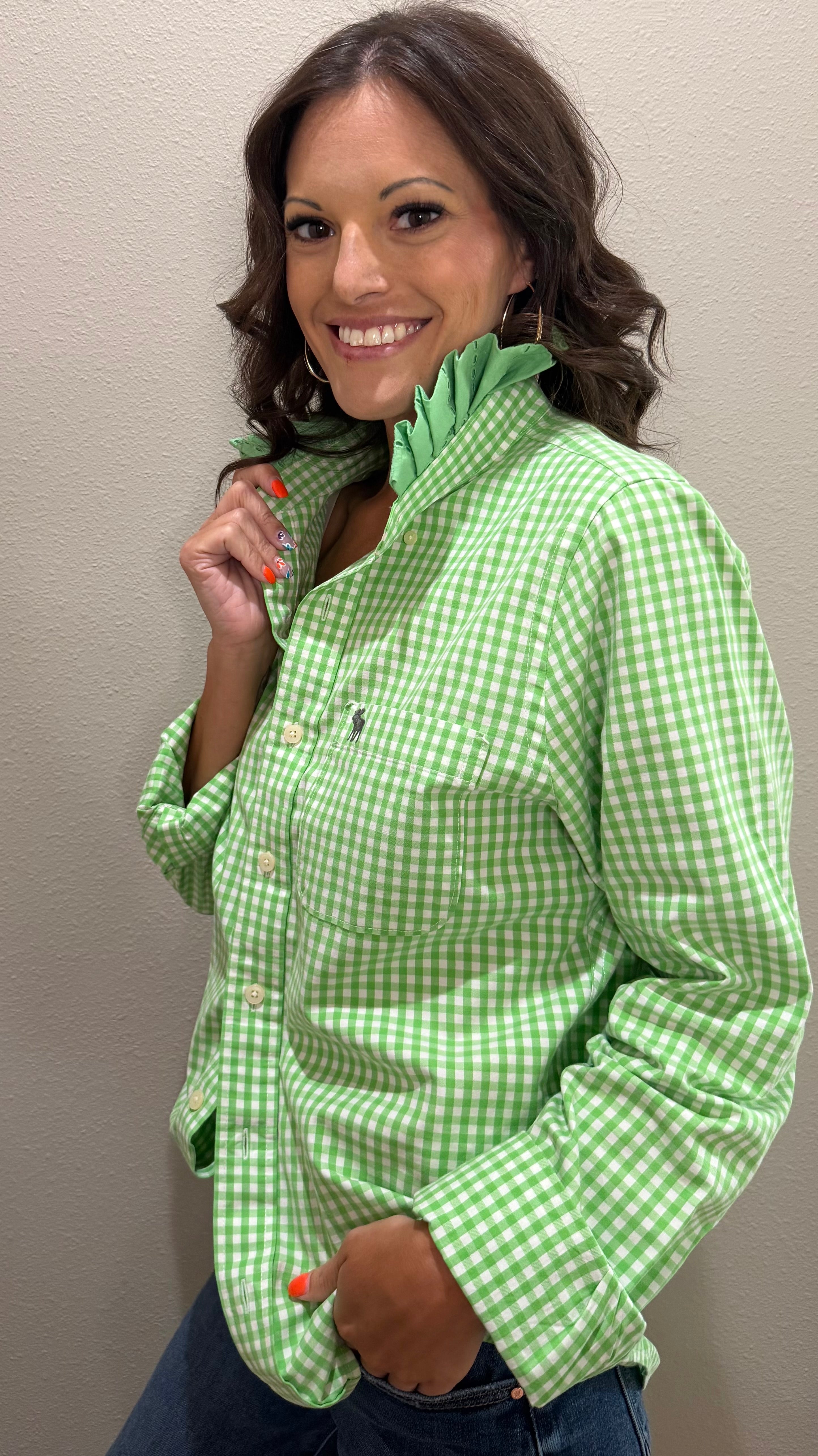 Bright Green Plaid Ruffle Collar