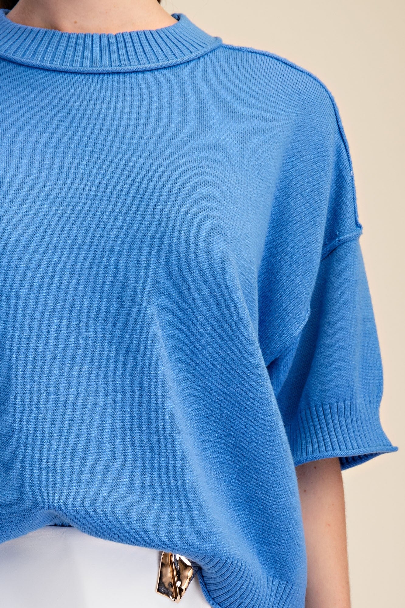 Blue Crew Neck Short Sleeve Sweater Top