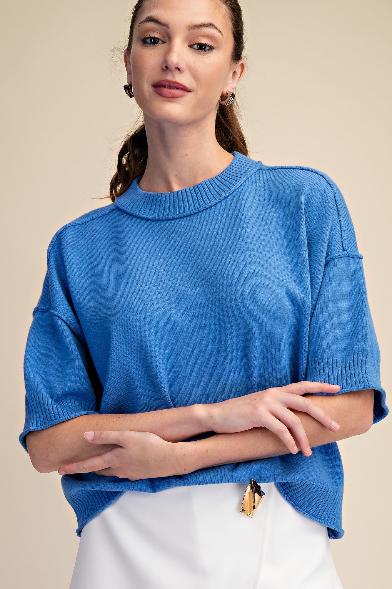 Blue Crew Neck Short Sleeve Sweater Top