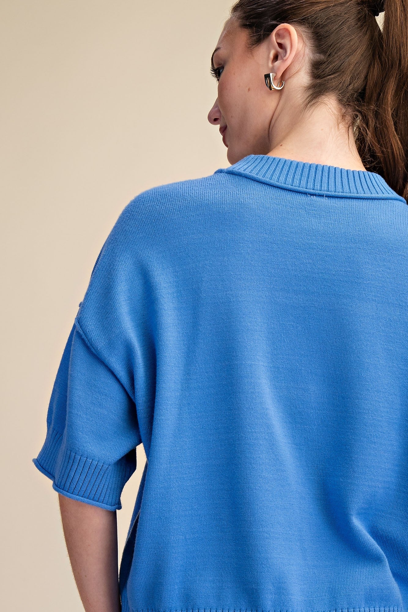 Blue Crew Neck Short Sleeve Sweater Top