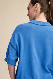 Blue Crew Neck Short Sleeve Sweater Top
