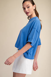 Blue Crew Neck Short Sleeve Sweater Top