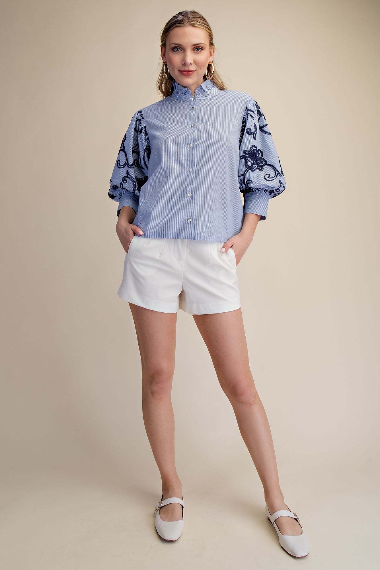 Navy Stripe Button Down Top w/ Embroidered Puff Sleeve Details