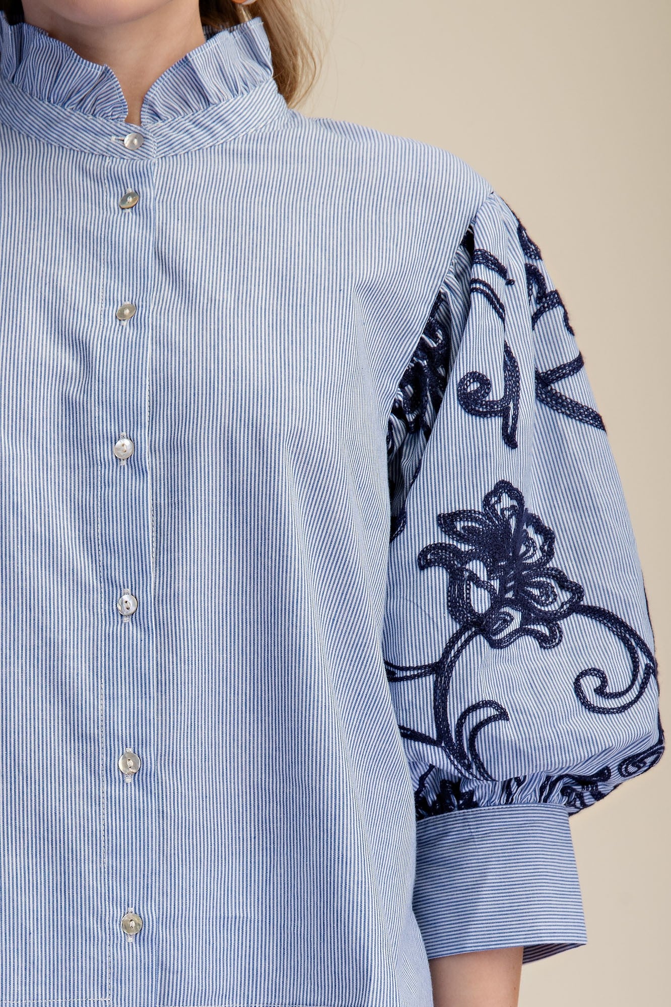 Navy Stripe Button Down Top w/ Embroidered Puff Sleeve Details