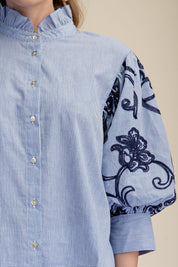 Navy Stripe Button Down Top w/ Embroidered Puff Sleeve Details