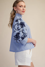 Navy Stripe Button Down Top w/ Embroidered Puff Sleeve Details