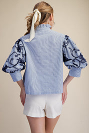 Navy Stripe Button Down Top w/ Embroidered Puff Sleeve Details