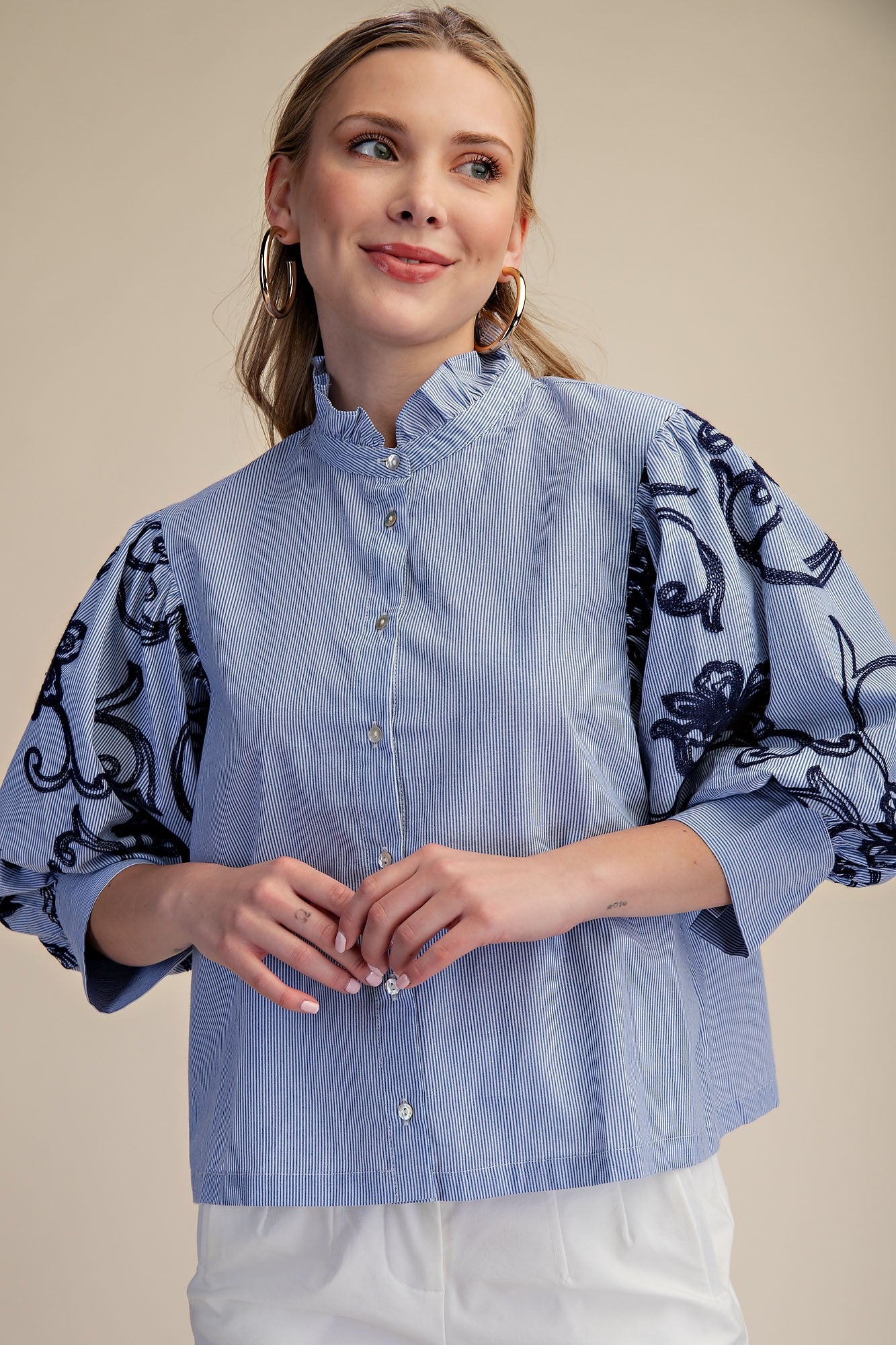 Navy Stripe Button Down Top w/ Embroidered Puff Sleeve Details