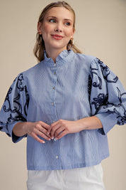 Navy Stripe Button Down Top w/ Embroidered Puff Sleeve Details