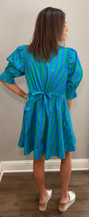 Blue/Green Striped Cotton Puff Sleeve Dress w/ Tie Back