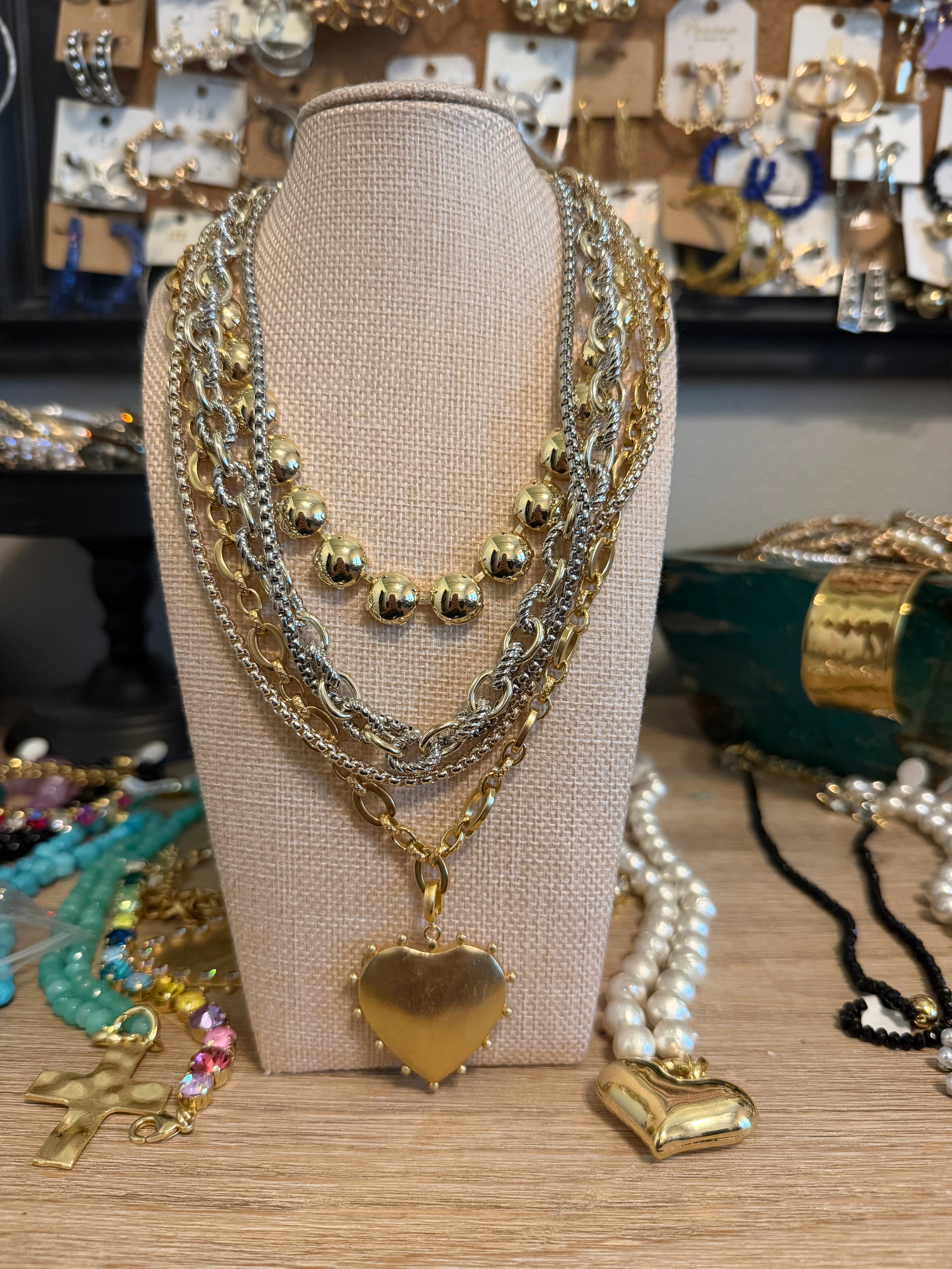 Gold Heart Multi Chain Necklace Stack