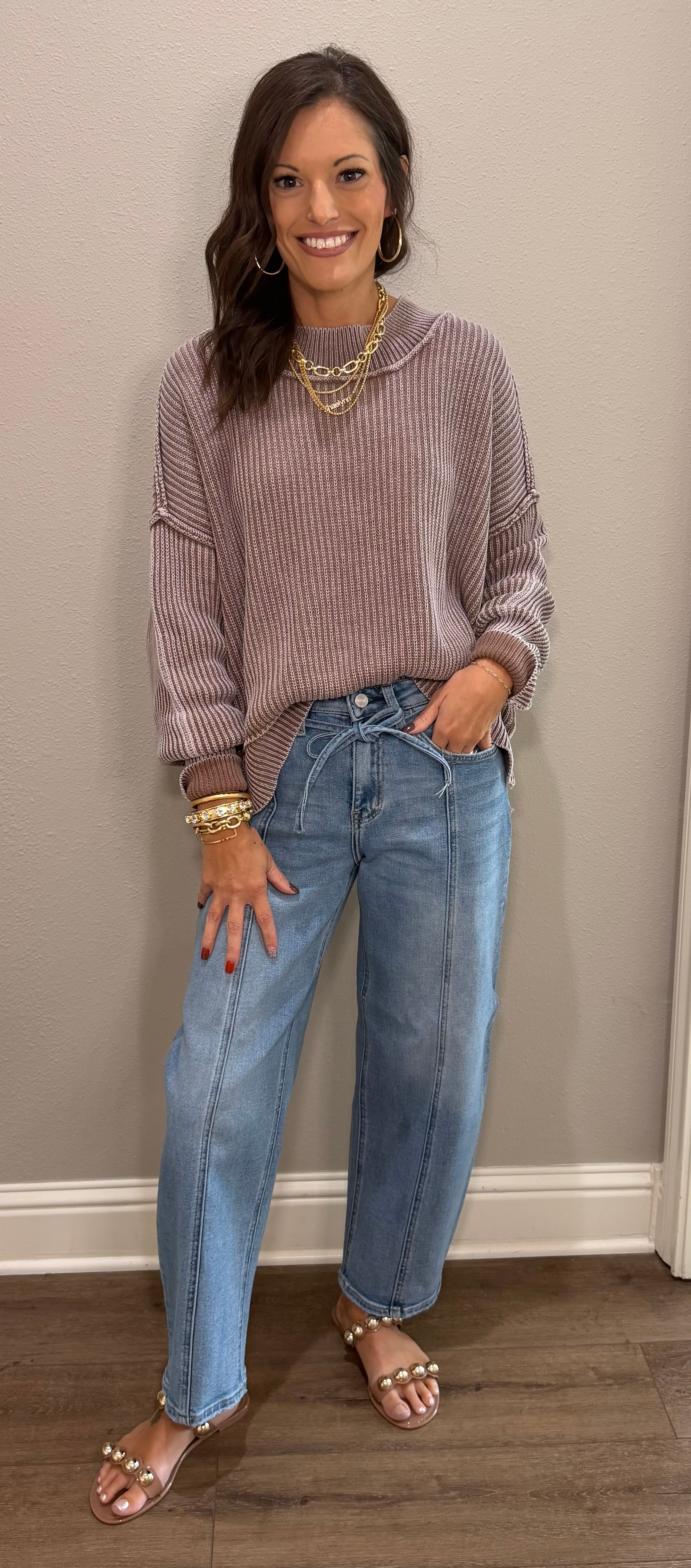 Washed Cocoa Side Slit Oversized Cropped Sweater