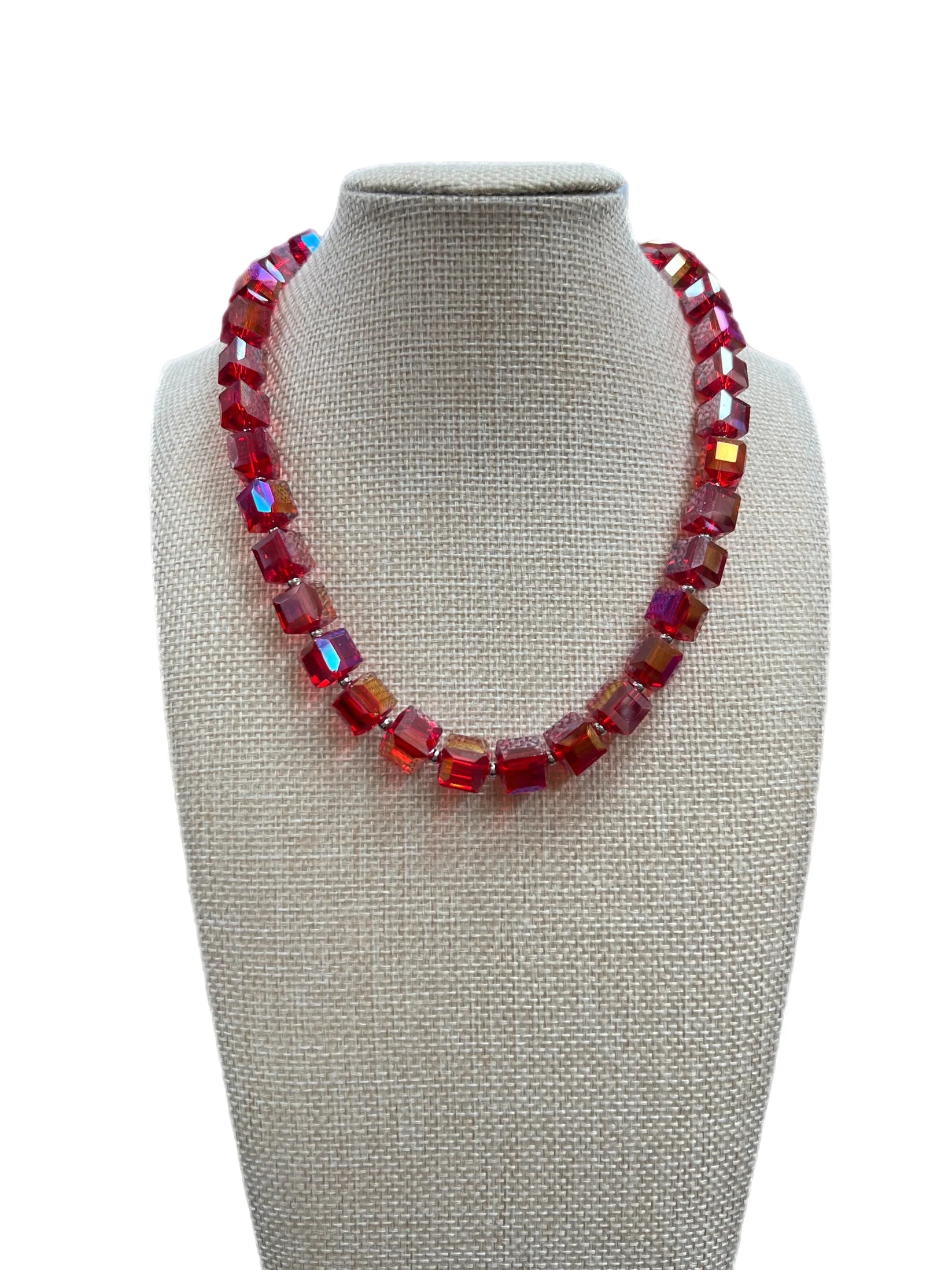 Red Cube Beaded Necklace w/ Magnetic Closure