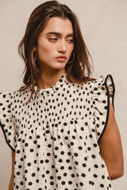 Cream & Black Polka Dotted Smock Ruffle Tank Top