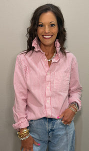 Mineral Wash Red & White Striped Ruffle Collar Top