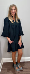Black Puff Sleeve Dress w/ Textured Accents