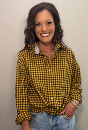Dark Navy & Gold Checker Ruffle Collar Button Down Top