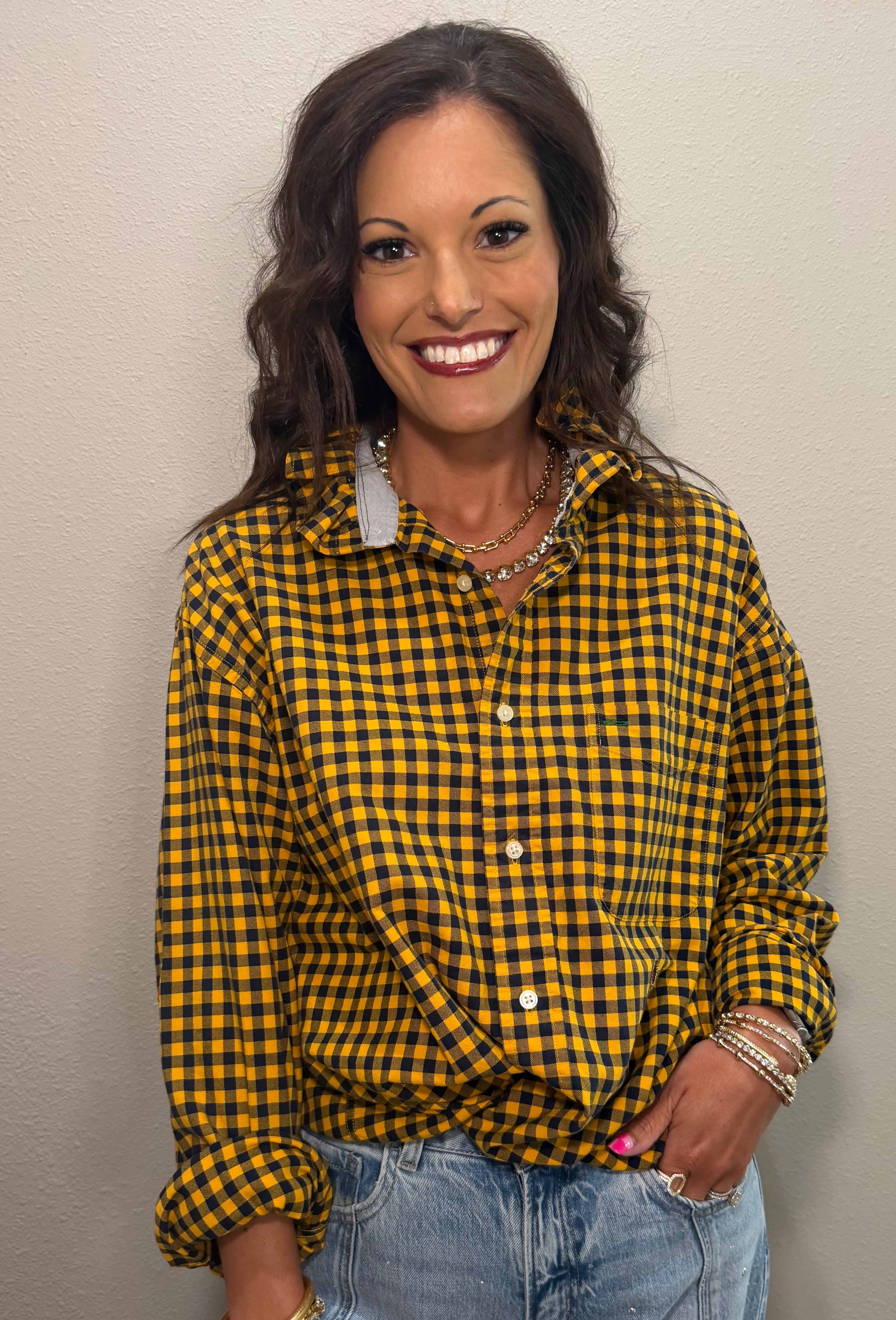 Dark Navy & Gold Checker Ruffle Collar Button Down Top