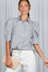 Black Short Sleeve Puff Striped Top