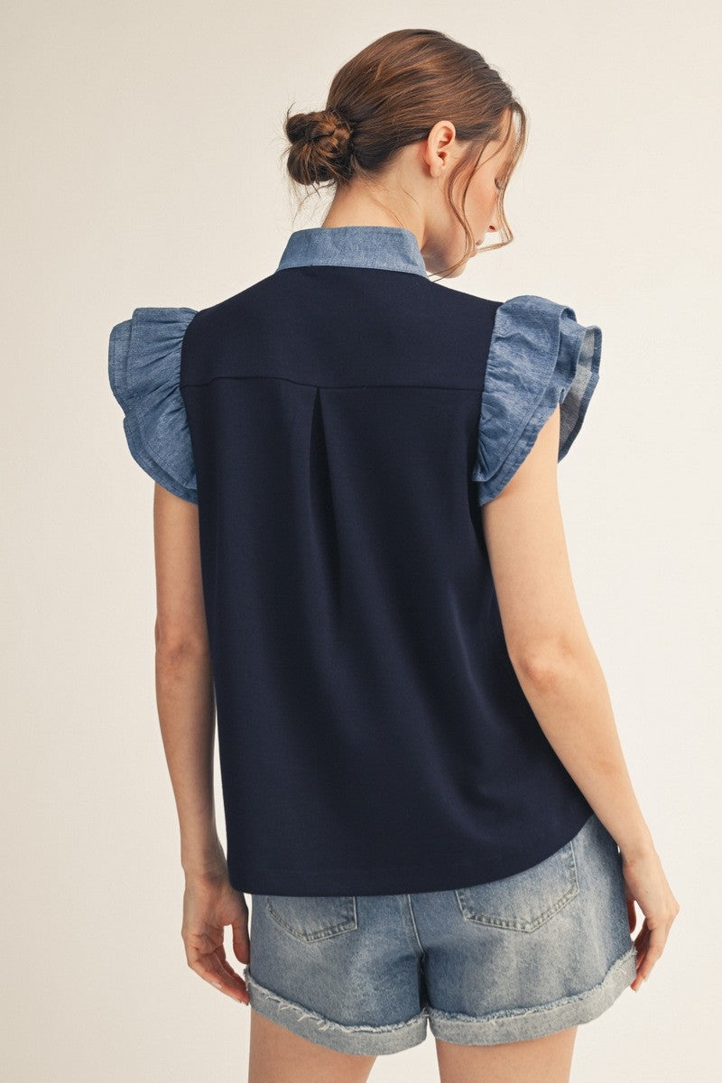 Navy/Denim Contrast Ruffle Sleeve Top