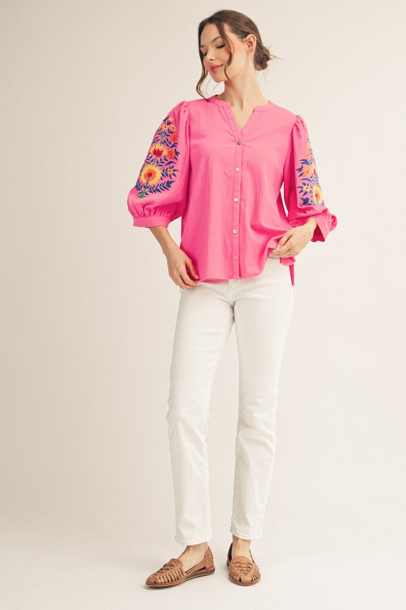 Hot Pink Embroidered 3/4 Sleeve Button Down Top