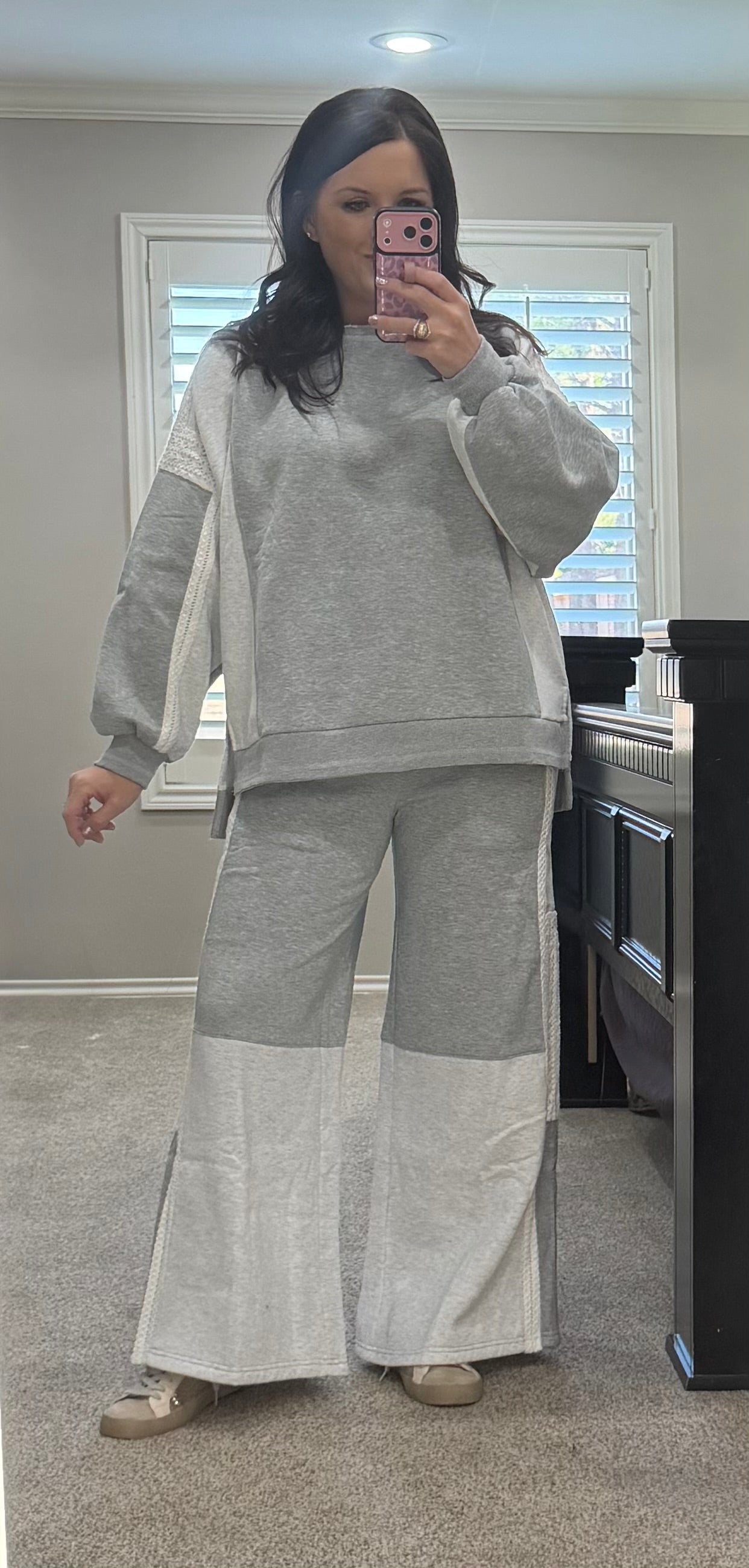 Heather Grey Crochet French Terry Mix Media Lounge Set