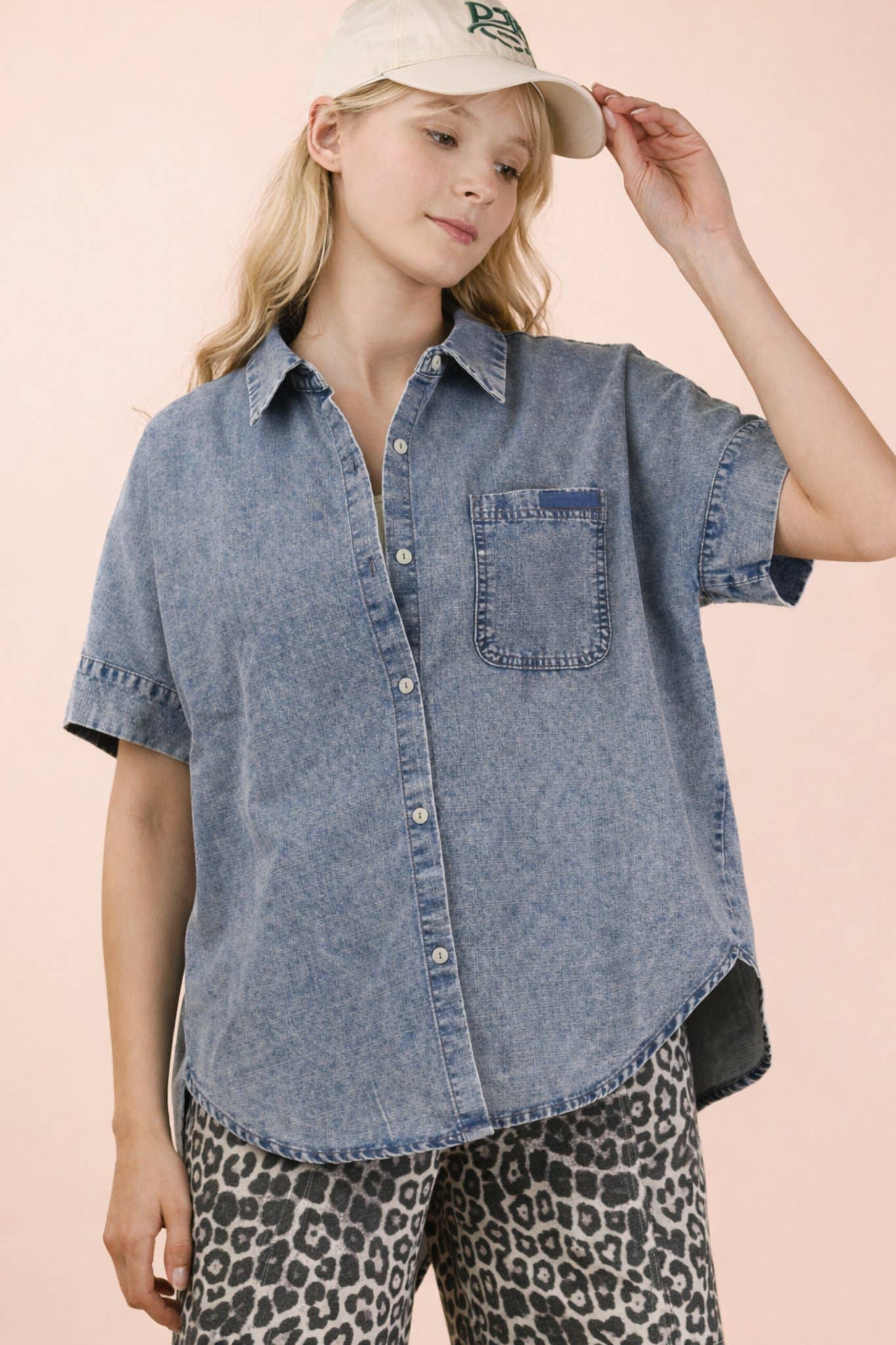 Mineral Washed Chambray Oversized Shirt Top - Indigo