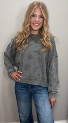 Ash Grey Floral Printed Washed Terry Top