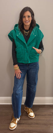 Green Quilted Hooded Puffer Vest