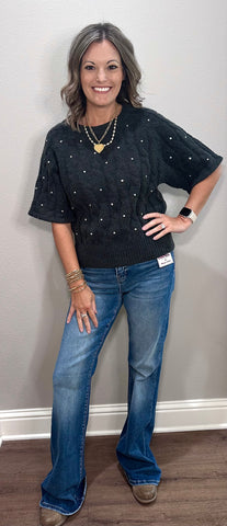 Charcoal Cable Knit Short Sleeve Sweater w/ Rhinestone Accents