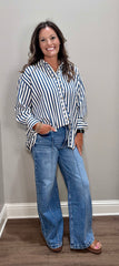 Denim Blue Striped Button Down Top