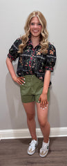 Black Floral Puff Sleeve Button Down Top