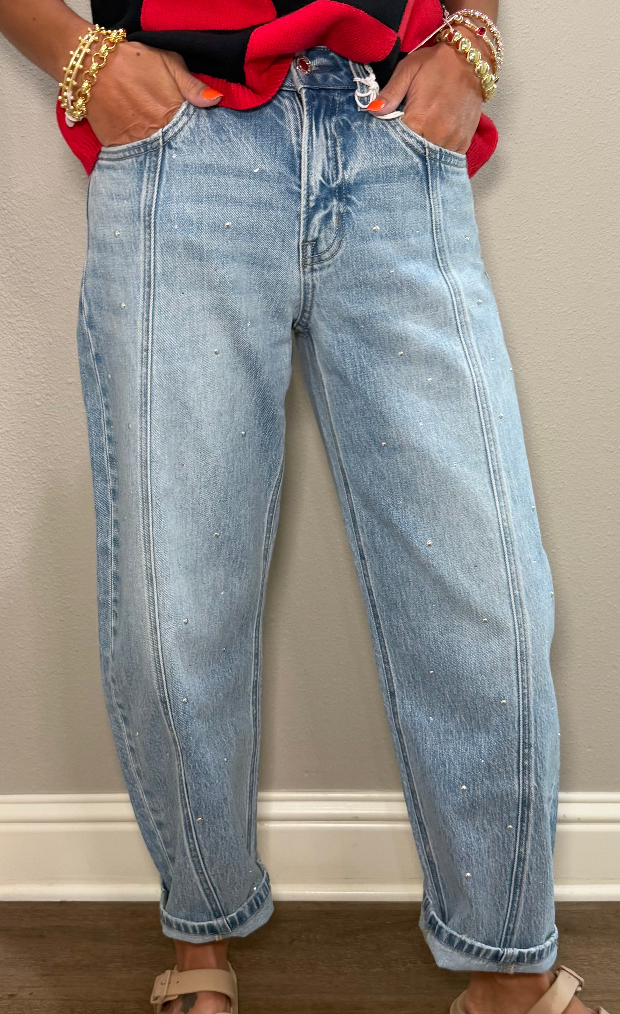 High Rise Embellished Barrel Jean