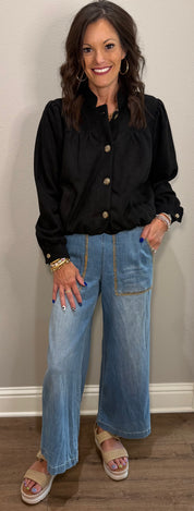 Black Suede Blouson Bottom Button Up Jacket